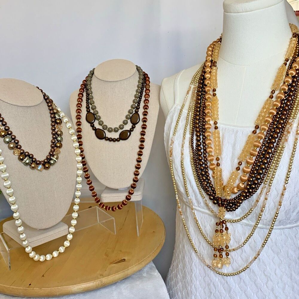 Vintage Gold Tone Espresso Layering Necklace Lot 9PC Neutral Glam Faux Pearl
